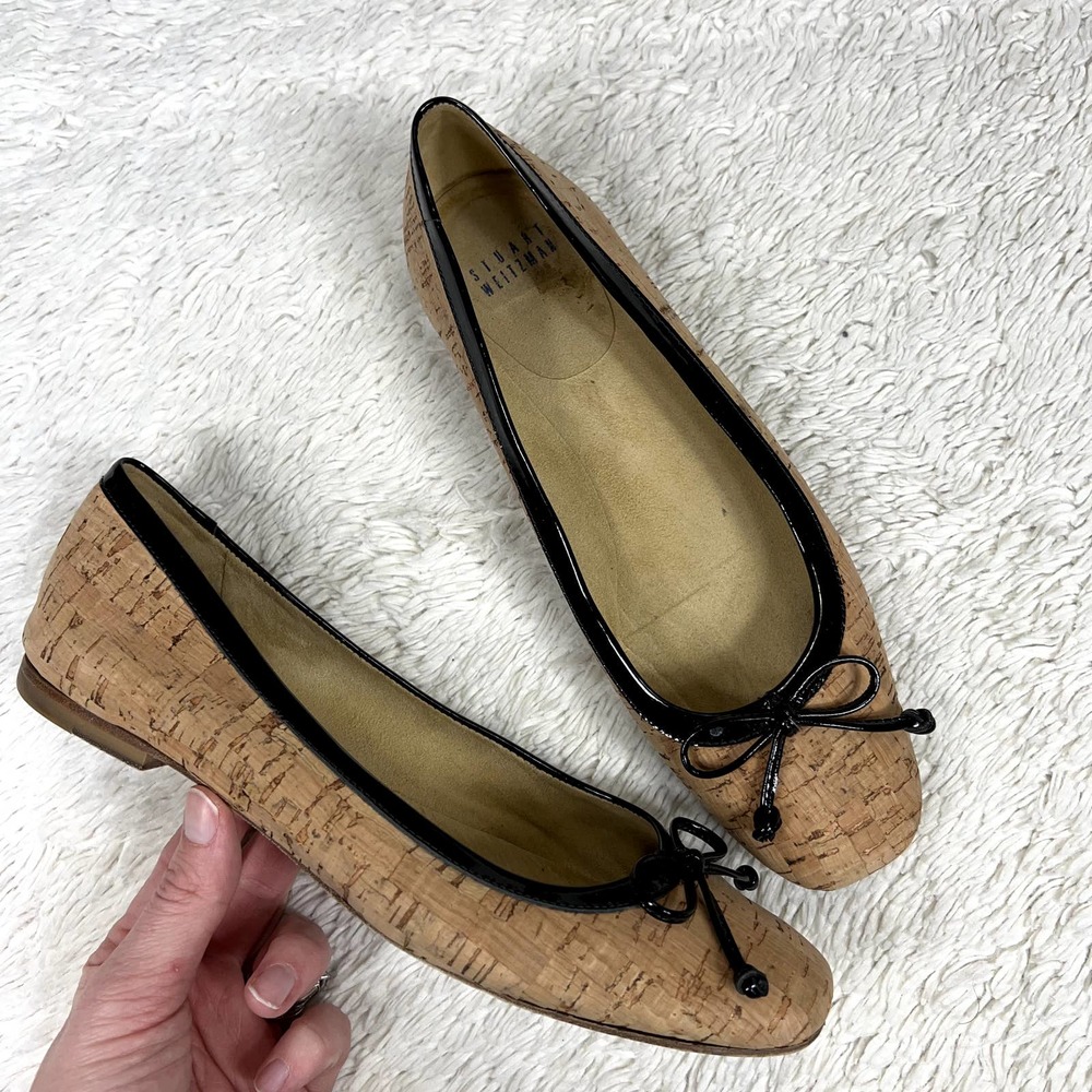 Stuart Weitzman Cork Natural Black Patent Trim Ballet Flats US 7